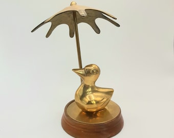 c.1950s Vintage Brass Duck Ornament... Holding Umbrella... Wooden Base