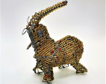 Vintage Beadwork Elephant Ornament... Wired Glass Beads... African Artwork... GoldRed Blue Beads