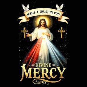 Puede incluir: Una imagen religiosa de Jesucristo con las palabras "Jesús, confío en ti" y "Divina Misericordia" en letras doradas. La imagen presenta una paloma blanca, una cruz y un corazón rojo y blanco.
