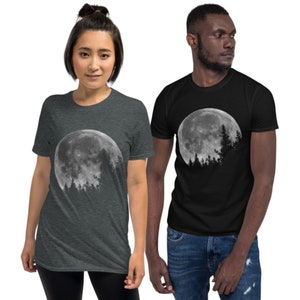 Full Moon Forest Graphic Tee | Gray Skyline Shadow Space Lunar Outer Space T-Shirt | Tree Woods Camping Skyline Unisex T Shirt Gift TShirt