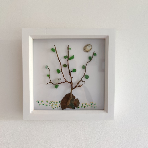 Framed Picture using Sea Glass with sea washed copper and 'tree' in white box frame 19 x 19 cm