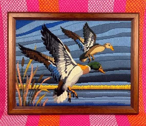 Handmade Woodland Duck Needlepoint Framed Tapestry Mallard Flying Ducks Etsy Canada