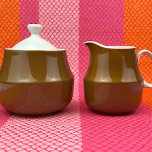 Brown and White Mikasa &#39;Cera-Stone &#39;Sugar & Milk Jug Set / 1970s retro home / kitchenware