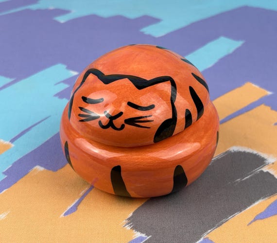 Handmade Ceramic Ginget Cat Trinket Box / Trick Dog Ceramics