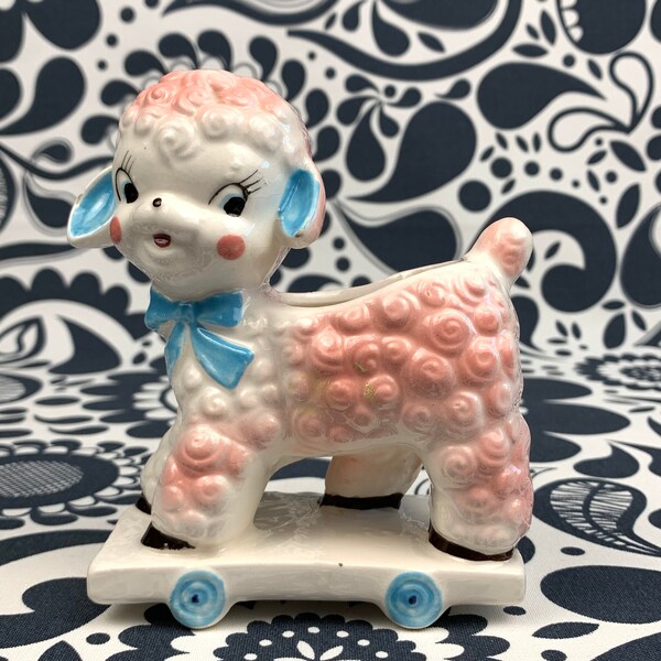 Vintage Pink & Blue Lamb Planter / Made in Japan / Kitsch Ornament / Anthropomorphic