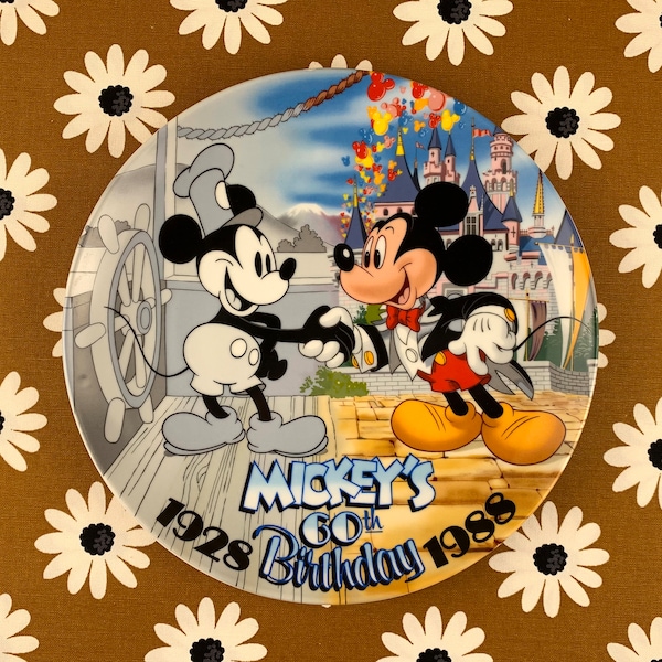 1980s Mickey Mouse 60th Birthday Plate 1928 - 1988 / Walt Disney World Japan / Porcelain