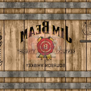 May include: A wooden barrel with metal bands and a label that reads "JIM BEAM KENTUCKY BOURBON WHISKEY". The label also includes a red seal with the words "ORIGINAL FORMULA" and "JIM BEAM".