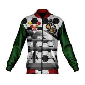 May include: A green and white bomber jacket with a soccer ball pattern and a graphic of the African continent with the text "Forward Ever Backward Never".