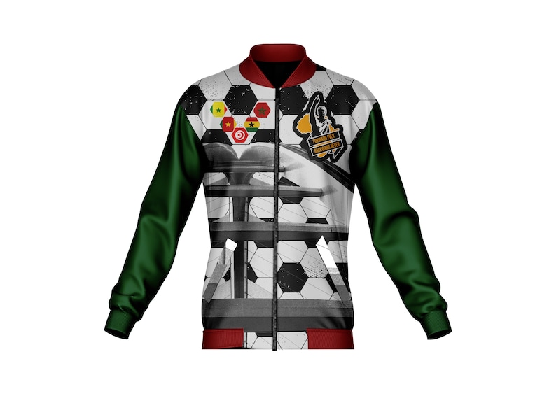 May include: A green and white bomber jacket with a soccer ball pattern and a graphic of the African continent with the text "Forward Ever Backward Never".