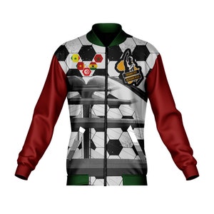 May include: A red and green bomber jacket with a white, black, and gray patterned design. The pattern features a soccer ball design, a map of Africa, and the text "FORWARD EVER BACKWARD NEVER".
