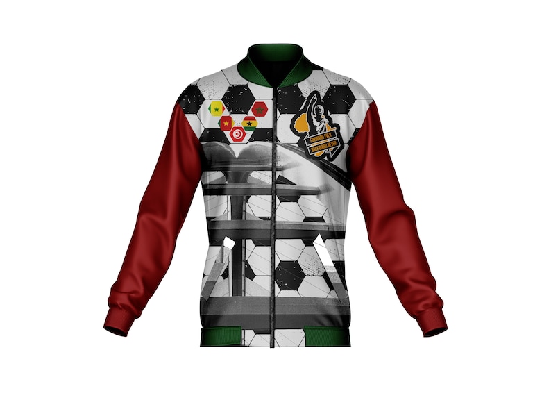 May include: A red and green bomber jacket with a white, black, and gray patterned design. The pattern features a soccer ball design, a map of Africa, and the text "FORWARD EVER BACKWARD NEVER".