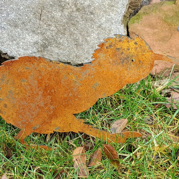 Kleiner Edelrost Kiwi auf Entdeckungstour. Dieser neuseeländische Vogel aus Metall mit Rostpatina ist eine außergewöhnlicher Gartendeko