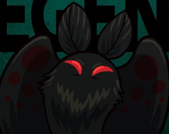 Könnte beinhalten: Eine schwarze und rote Illustration des Mothman, einer legendären Kreatur mit großen, roten Augen. Der Text "The Man The Moth The Legend" ist in fetten, schwarzen Buchstaben auf einem türkisfarbenen Hintergrund geschrieben.