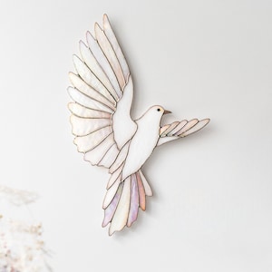 White Dove Wall Decor, Iridescent Stained Glass Dove Bird Wall Hanging, Housewarming Gift, Spiritual Home Accent, Symbol of Peace, Mom gift