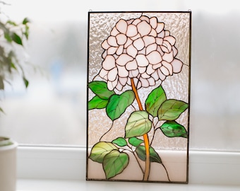 Panel de vidrieras con hortensias, adorno botánico para ventana, decoración floral de pared en vidrio, obra de arte inspirada en la naturaleza, regalo para el Día de la Madre, decoración personalizada en vidrieras.