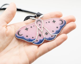 Moon Phase Luna Moth Necklace, Witchy Hand-Painted Stained Glass Pendant, Mystical Gothic Halloween Jewelry Gift, Celestial Pink Butterfly