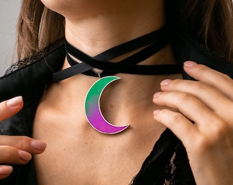 Crescent Moon Pendant, Stained Glass Necklace, Gothic Jewelry, Celestial Moon Necklace, Handcrafted Halloween Jewelry, Halloween Ornament