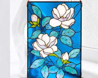 Panel de vidrieras con diseño de magnolia, colgante floral azul para ventana, decoración botánica para pared, decoración natural para el hogar, panel de vidrieras personalizado, regalo para el Día de la Madre.