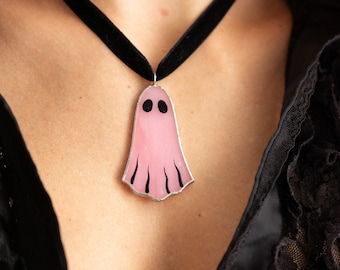 Halloween Ghost Pendant, Cute Pink Ghost, Stained Glass Jewelry, Gothic Necklace, Halloween gifts, Halloween ghost, Handcrafted Jewelry
