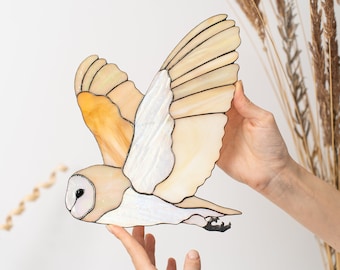 Graceful Barn Owl Wall Hanging, Stained Glass Bird Decor, Woodland Animal Decor, Neutral Wall Art, Rustic Owl Figurine, Father's Day Gift