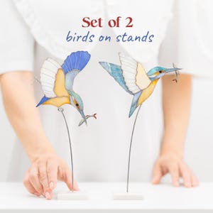 Pu&ograve; includere: Un set di due sculture di martin pescatore in vetro colorato su sottili supporti metallici con basi quadrate bianche. Ogni uccello presenta ali blu, gialle e bianche, un lungo becco e tiene in bocca un piccolo pesce. Testo: Set of 2 birds on stands.