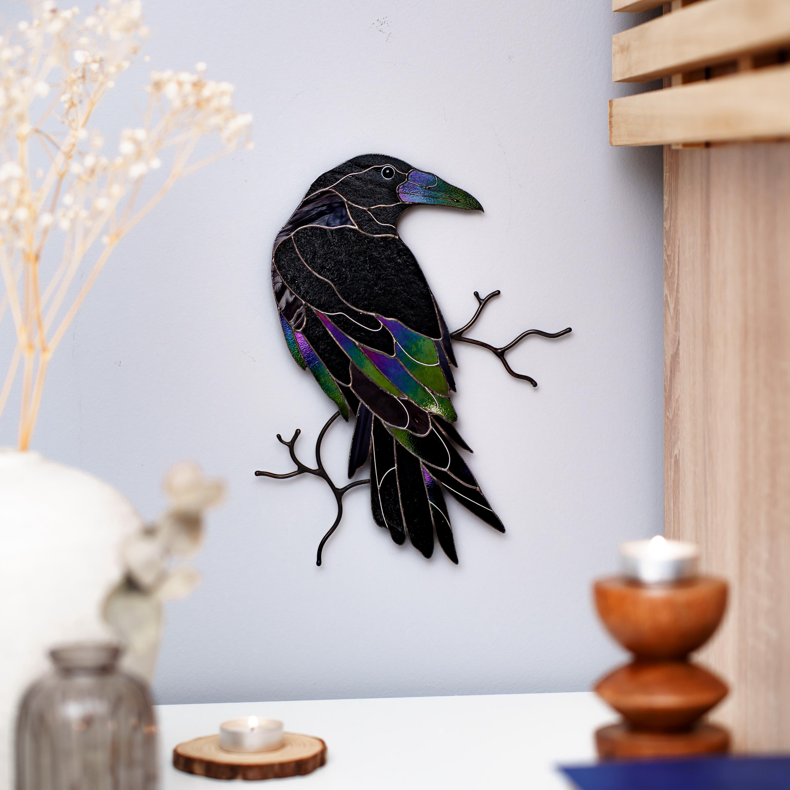 Stained Glass Raven Wall Decor Gothic Bird Window Hanging Decor ...