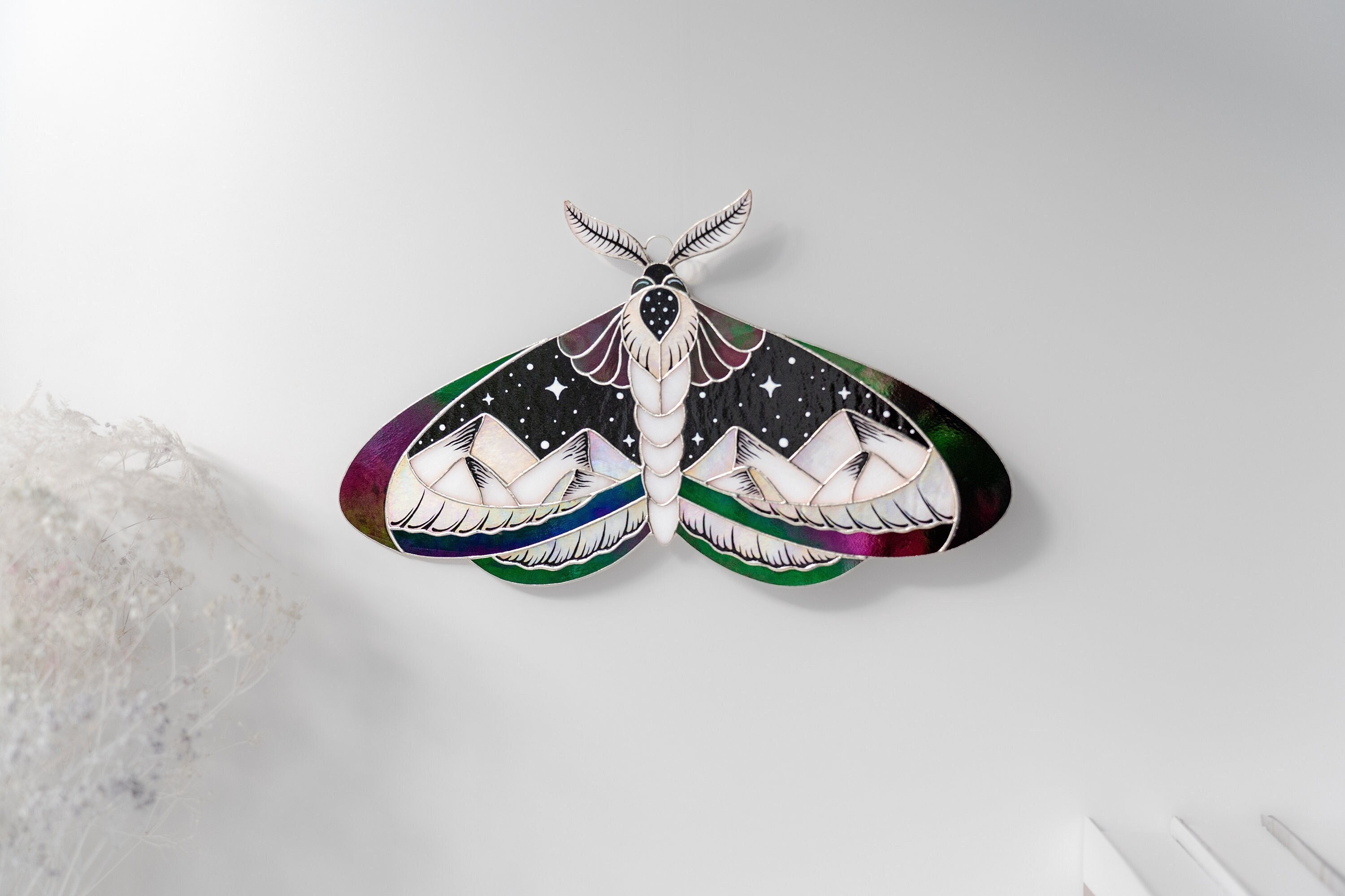 Stained Glass Moth Wall Decor, Hand Painted Mountains Wall Hanging ...
