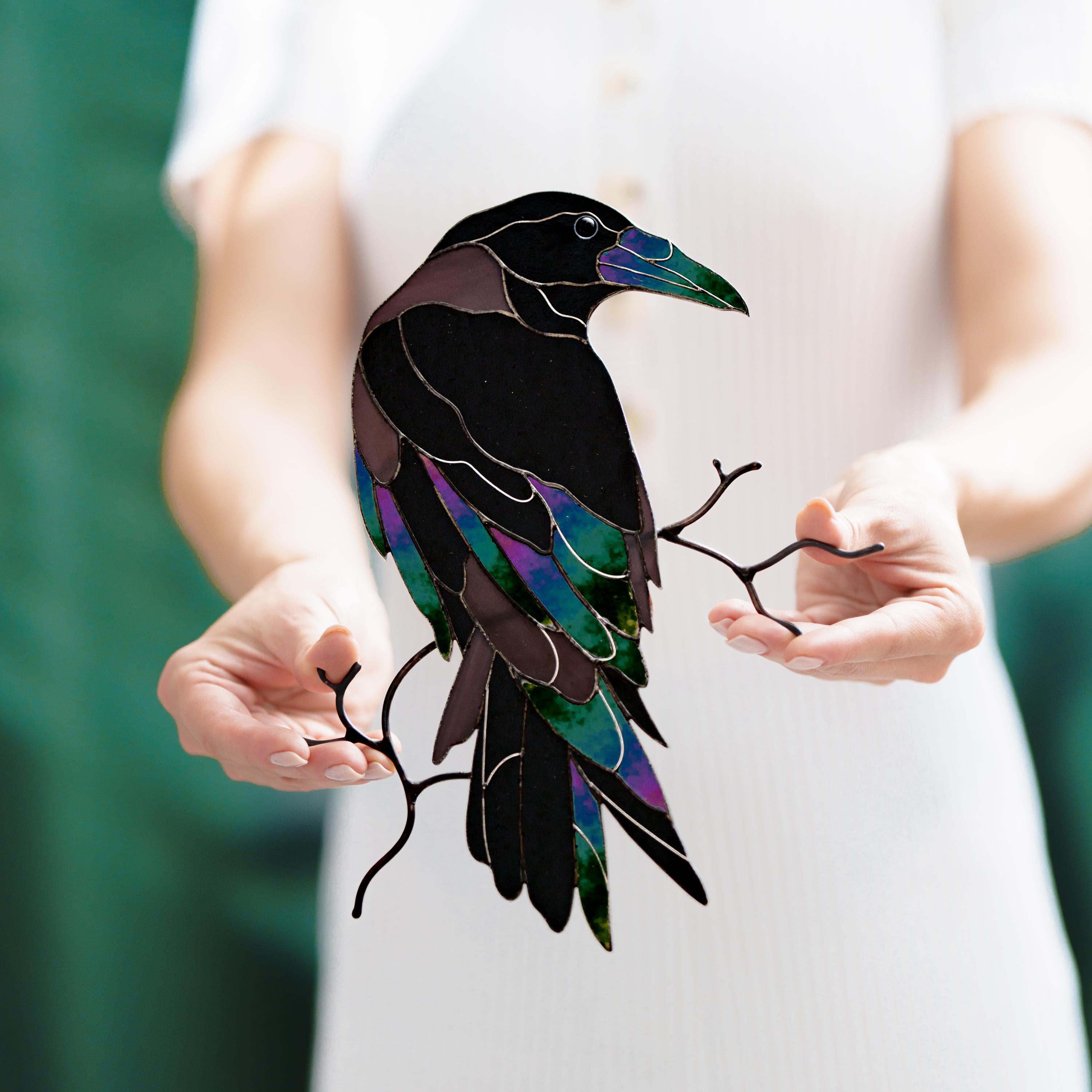 シュタイフ★Woolen Pigeon & Raven ID's完品★鳩＆カラス Gothic Raven Stained Glass Wall Decor Raven Bird on Branch Window