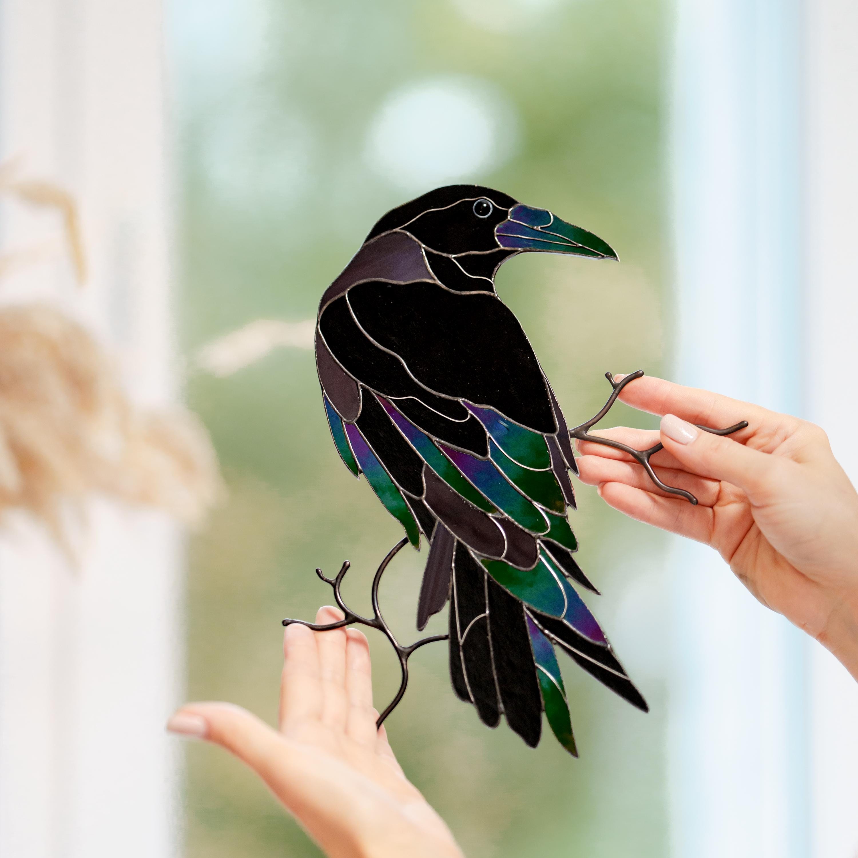 Raven Window Frame Gothic Raven Stained Glass Wall Decor Raven Bird on Branch Window ...