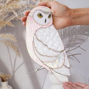 Snowy Owl on Branch wall decor Stained glass owl wall hanging Woodland animal ornament Owl figurine Nature home decor Owl gift Bird artwork