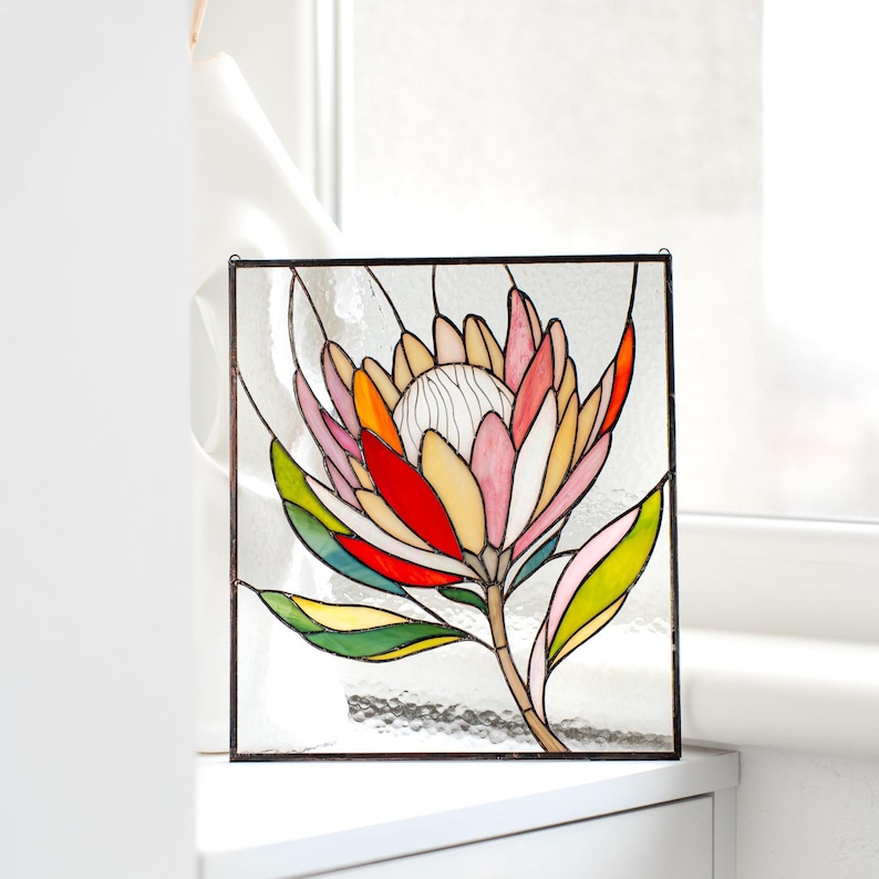 Panel de vidrieras con flores de protea, adorno floral para ventana, decoración botánica para pared, decoración moderna para el hogar, decoración personalizada para ventanas, regalo hecho a mano para mamá. imagen 20