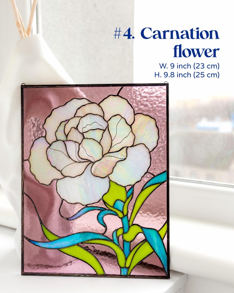 Panel de vidrieras con flores de protea, adorno floral para ventana, decoración botánica para pared, decoración moderna para el hogar, decoración personalizada para ventanas, regalo hecho a mano para mamá. #4. Carnation flower