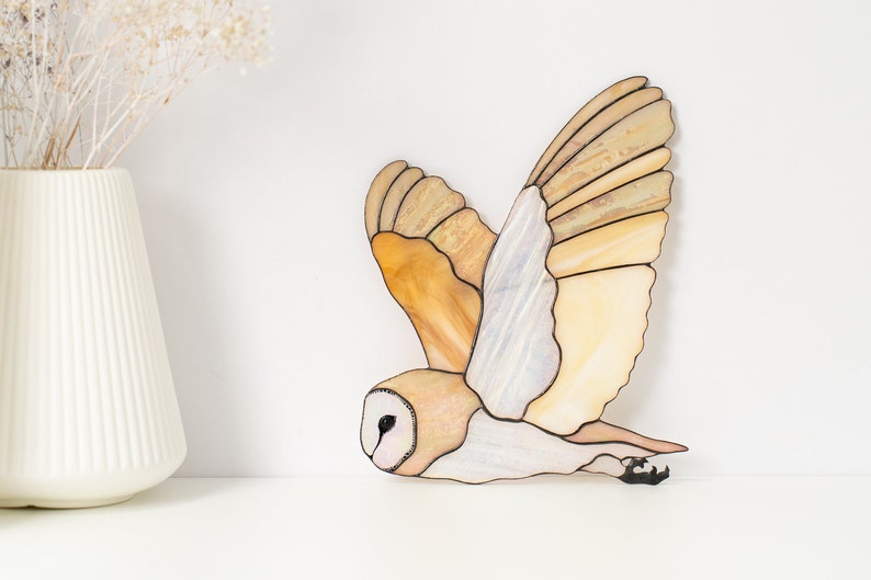 Graceful Barn Owl Wall Hanging, Stained Glass Bird Decor, Woodland Animal Decor, Neutral Wall Art, Rustic Art, Owl Figurine, Large Wall Art image 5