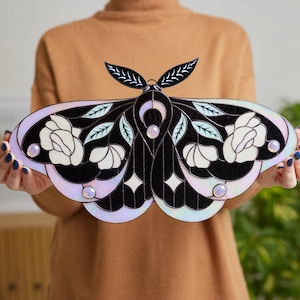 Large stained glass moth wall hanging, Boho wall decoration, Butterfly & blooms decor, Above the couch decor, Over bed wall art, Insect art