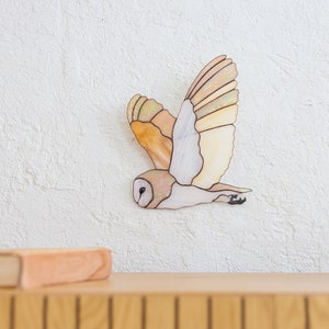 Graceful Barn Owl Wall Hanging, Stained Glass Bird Decor, Woodland Animal Decor, Neutral Wall Art, Rustic Art, Owl Figurine, Large Wall Art image 8