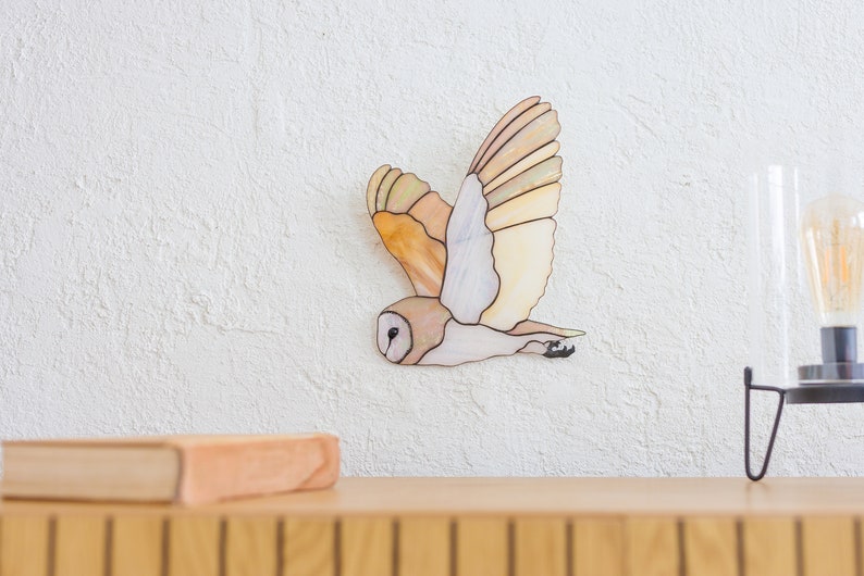 Graceful Barn Owl Wall Hanging, Stained Glass Bird Decor, Woodland Animal Decor, Neutral Wall Art, Rustic Art, Owl Figurine, Large Wall Art image 8
