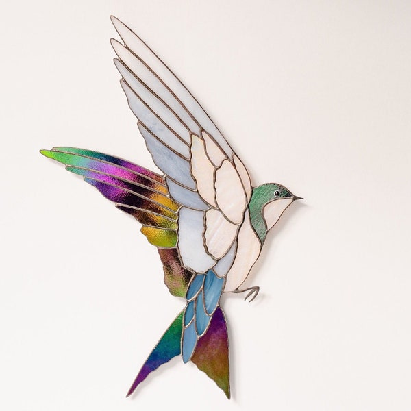 Swallow Bird in Flight, Stained Glass Wall Decor, Bird Wall Art, Living Room Decor, New Home Gift, Iridescent Swallow Suncatcher, Bird Gifts