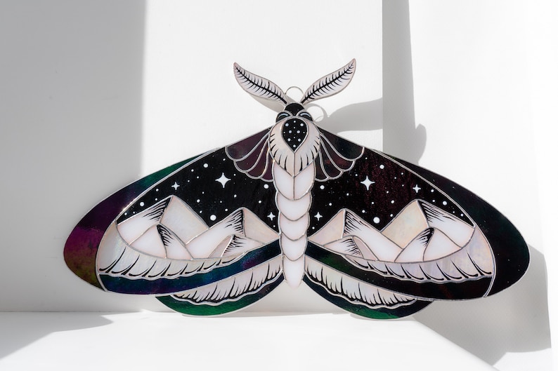 Stained Glass Moth Wall Decor, Hand Painted Mountains Wall Hanging ...