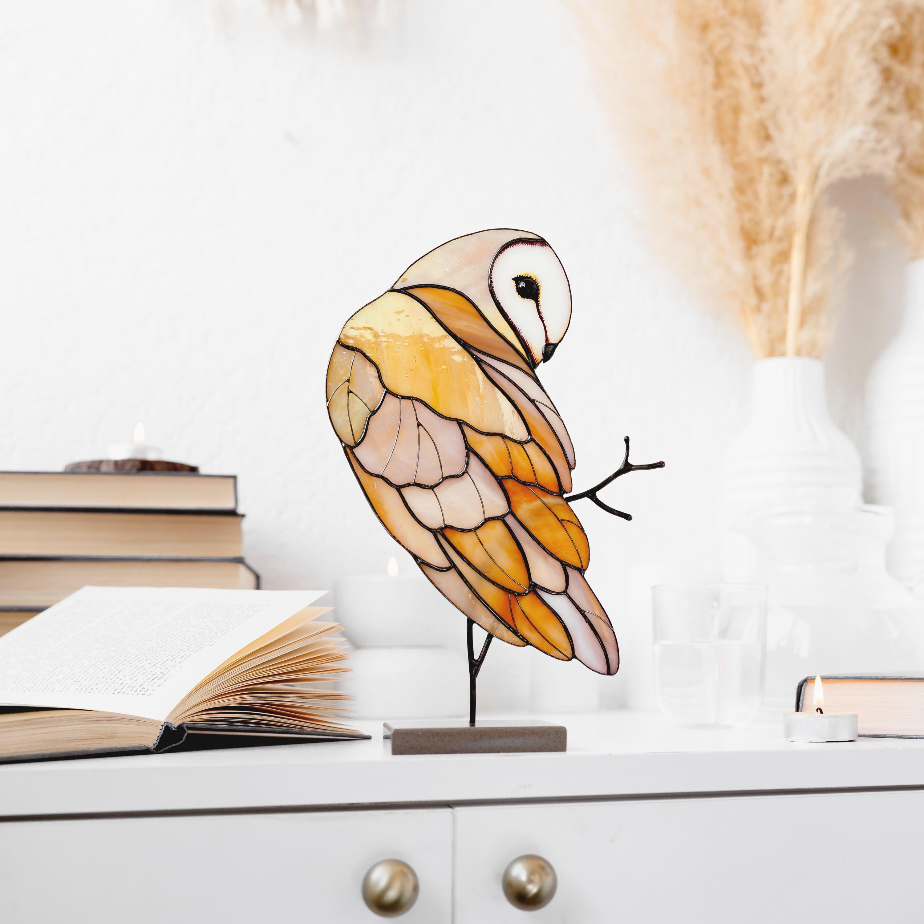 Stained Glass Barn Owl Table Centerpiece Glass Bird Table Decor