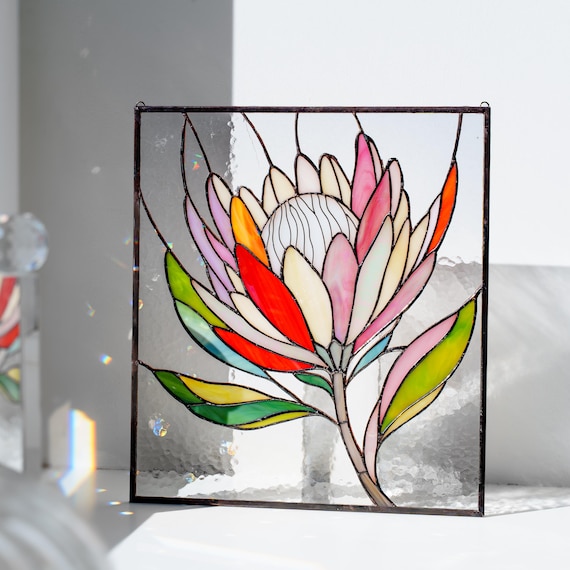 Stained glass protea flower panel Floral window hanging Botanical wall decor Modern home decor Custom window decor Handmade gift for mother