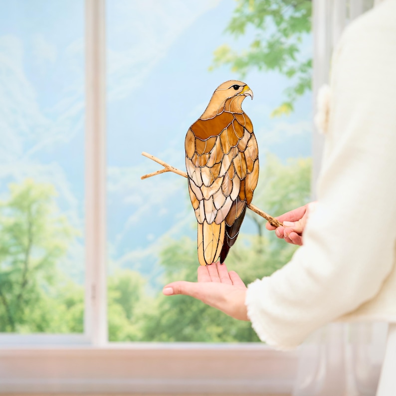 Window Hawk Stained Glass Hawk Wall Decor – Bird of Prey on Wooden Branch Wall ...