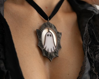 Ghost in the Mirror Pendant Gothic Stained Glass Necklace Handmade Jewelry Halloween Lover Gift Gothic Jewelry for Women Spooky Cute Gift