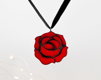 Gothic Red Rose Stained Glass Pendant, Halloween Jewelry, Witchy Necklace, Valentines day Gift for Girlfriend, Romantic Handmade Flower Gift