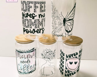 Mama Needs Coffee Glass Can Cup, Blessed Mama Beer Shaped Can Glass, Sublimated Reusable Cup, Bamboo Lids and Straws