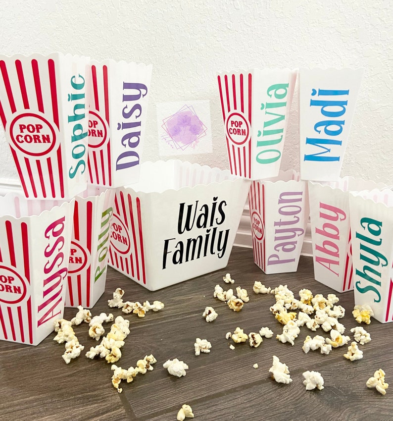 Personalized Family Movie Night Gift/ Popcorn Container Set/ Custom Reusable Popcorn Snack Bowl/ Party Favors For Kids/ Popcorn Bucket image 1