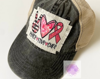 Breast Cancer Awareness Frayed Patch Hat, Peace Love Cure Pink Ribbon Trucker Hat, Mesh Baseball Cap