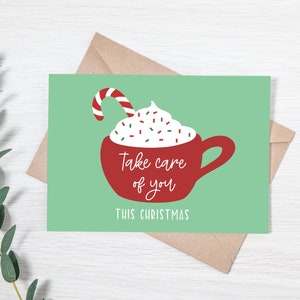Cuide de você Cartão de Natal para impressão - Cartão de Natal de autocuidado - Cartão de cacau quente - Cartão de felicitações de Natal