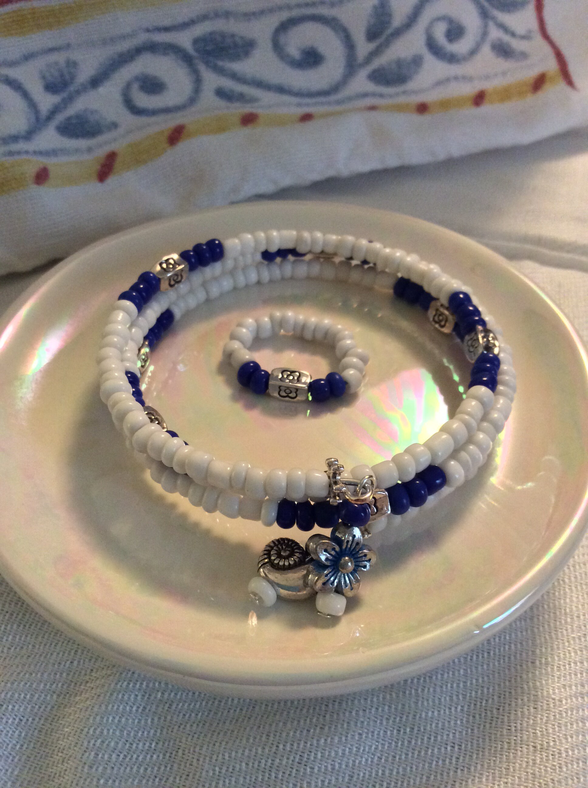 Memory Wire Wrap Bracelet White and Blue Seed Beads Metal Etsy UK