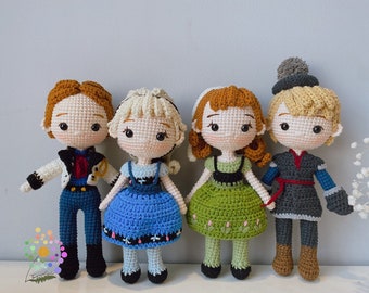 Amigurumi Anna y Elsa Princesa y Kristoff y Hans príncipe, Muñeca de crochet, Muñecas hechas a mano, Muñeca hecha a mano