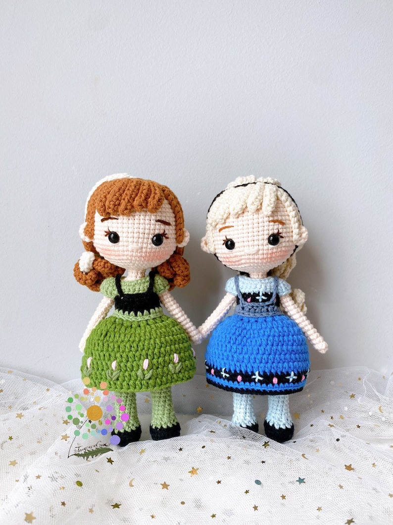 Amigurumi Anna och Elsa Prinsessa Virkad prinsessdocka, handgjorda prinsessdockor, handgjord prinsessdocka bild 1